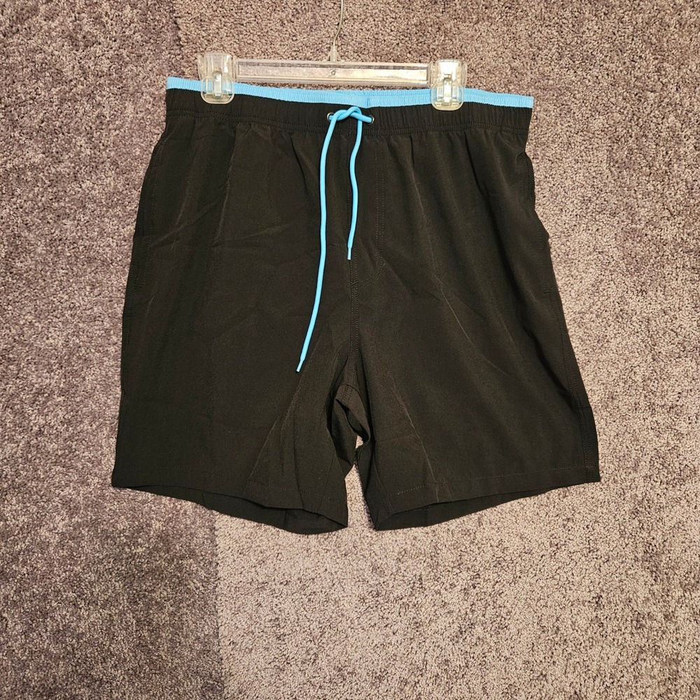 Aueyan Mens 7 Inch Swimming Trunks with Compression Liner Black Blue Large NEW